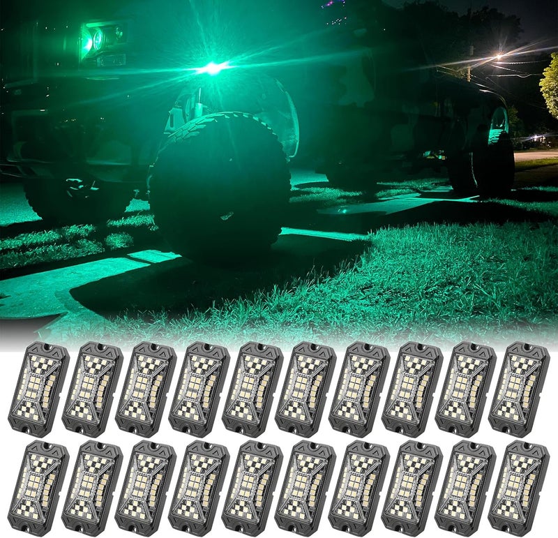 SUNPIE 20 Pods RGBW Rock Lights – Full Beam Angle, 30 High Power Chips, Aluminium Housing, Mounting Pads Included, IP67 Waterproof, Music Mode Underglow Lights, Fits Trucks, SUV, ATV, UTV, Boats - Image 1